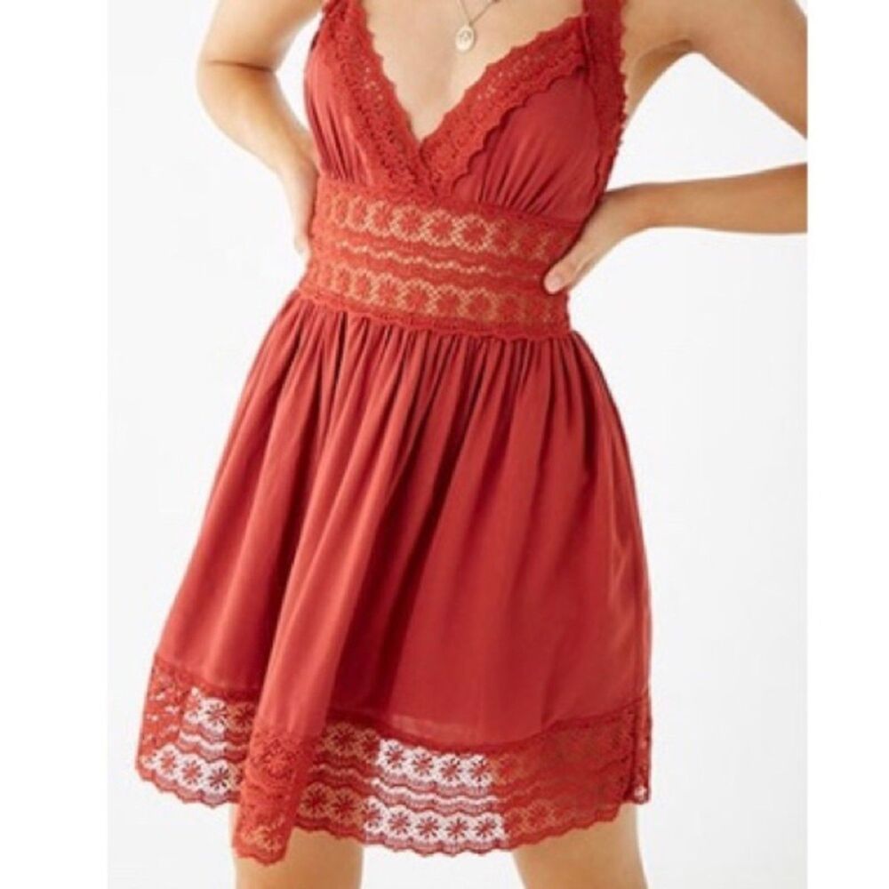 Rust Crochet Lace Mini Dress Empire Babydoll X Boho Terracotta Festival XS S Hot